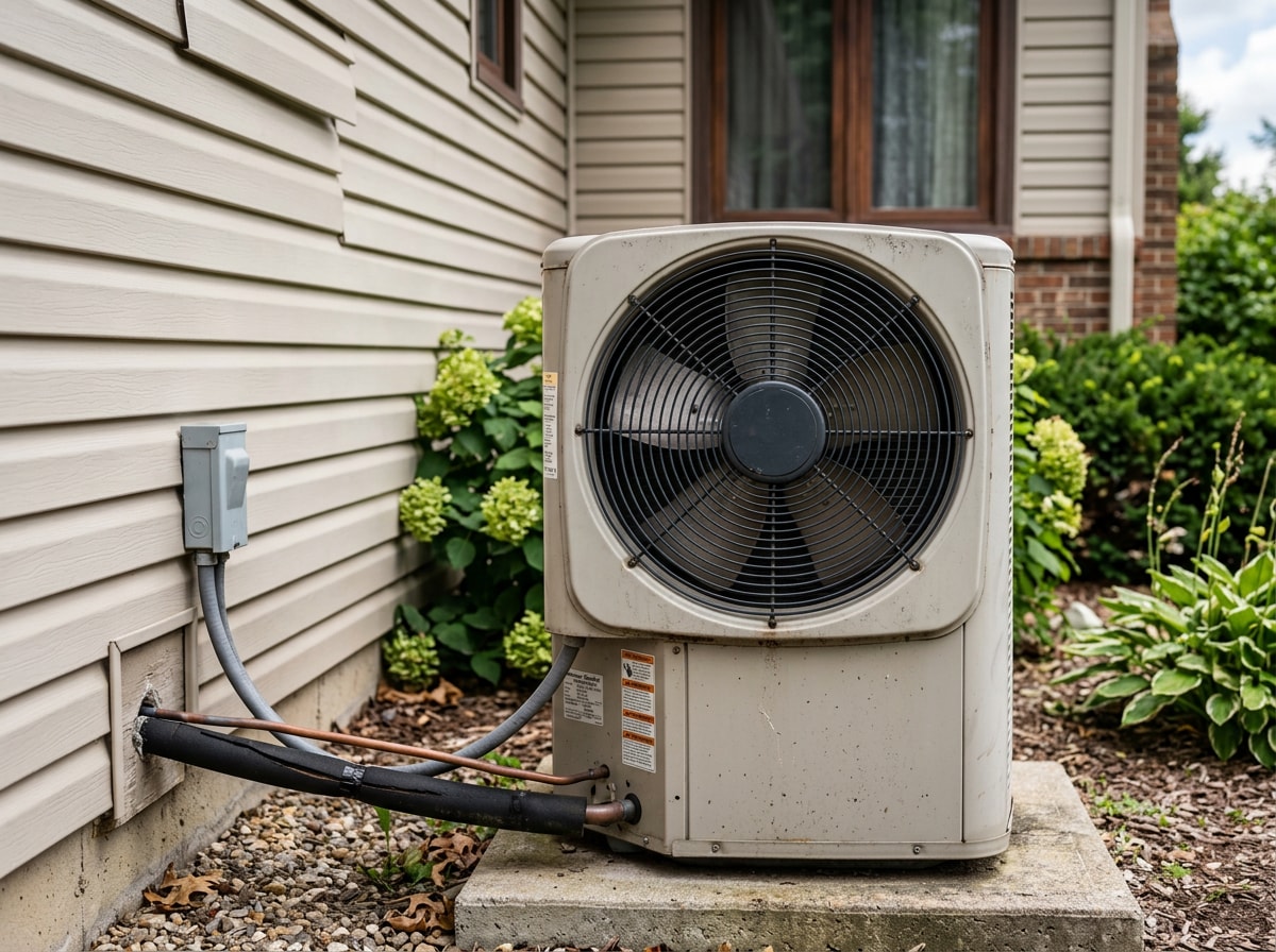 Outdoor AC condenser unit with a silent, non-spinning fan blade