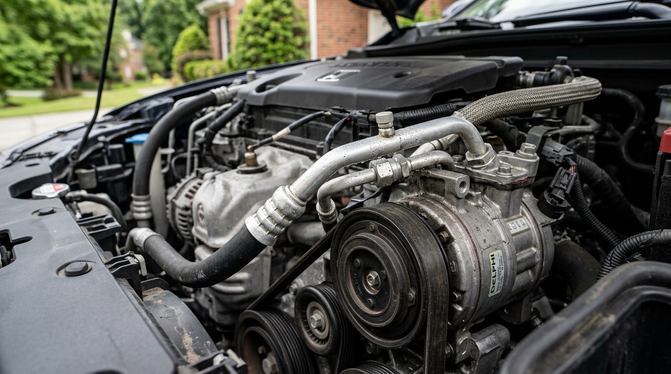 Car AC compressor and refrigerant lines under the hood in Duluth, GA