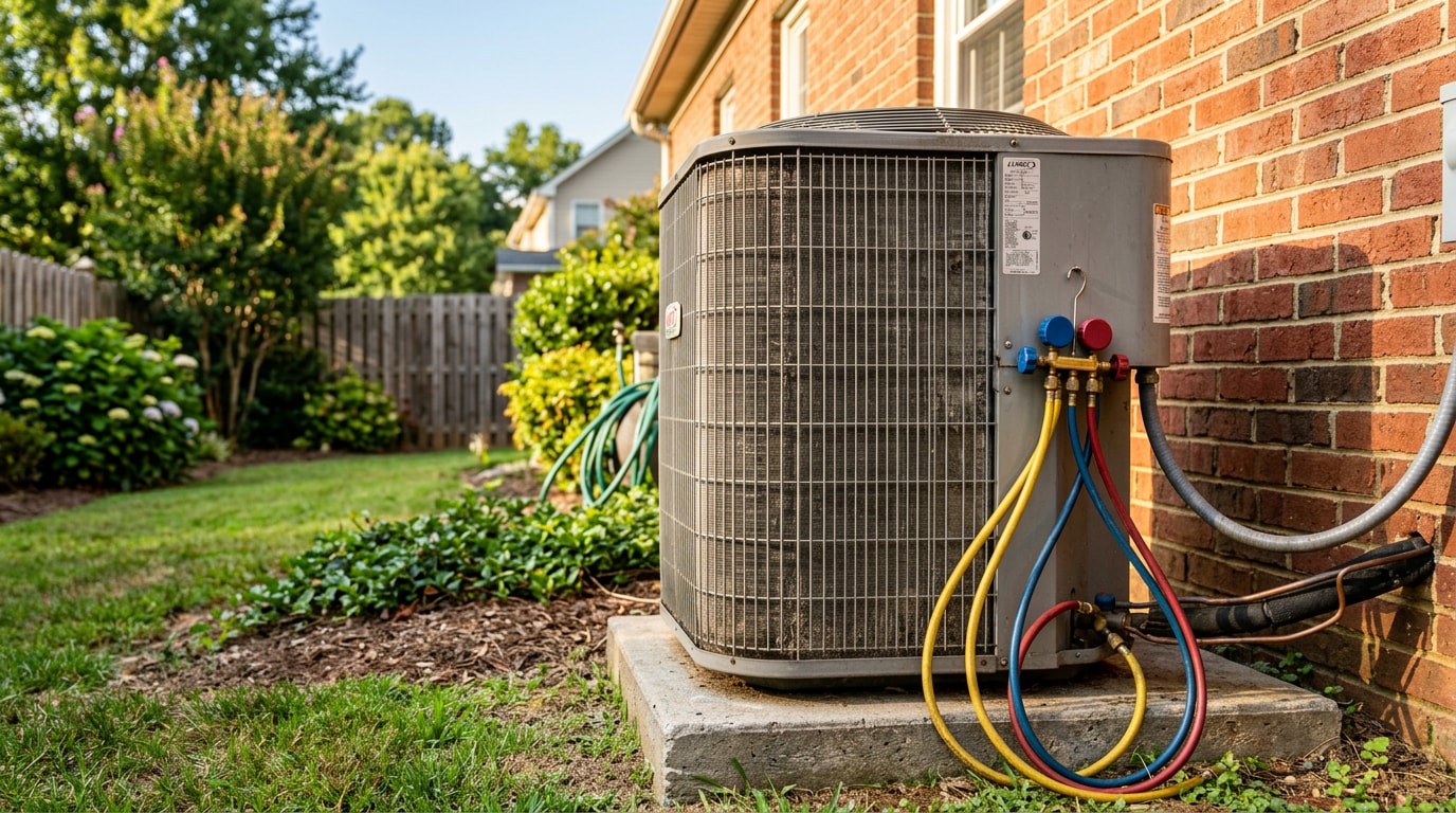 Outdoor air conditioning condenser unit at a Buford, GA home showing signs of wear Outdoor air conditioning condenser unit at a Buford, GA home showing signs of wear