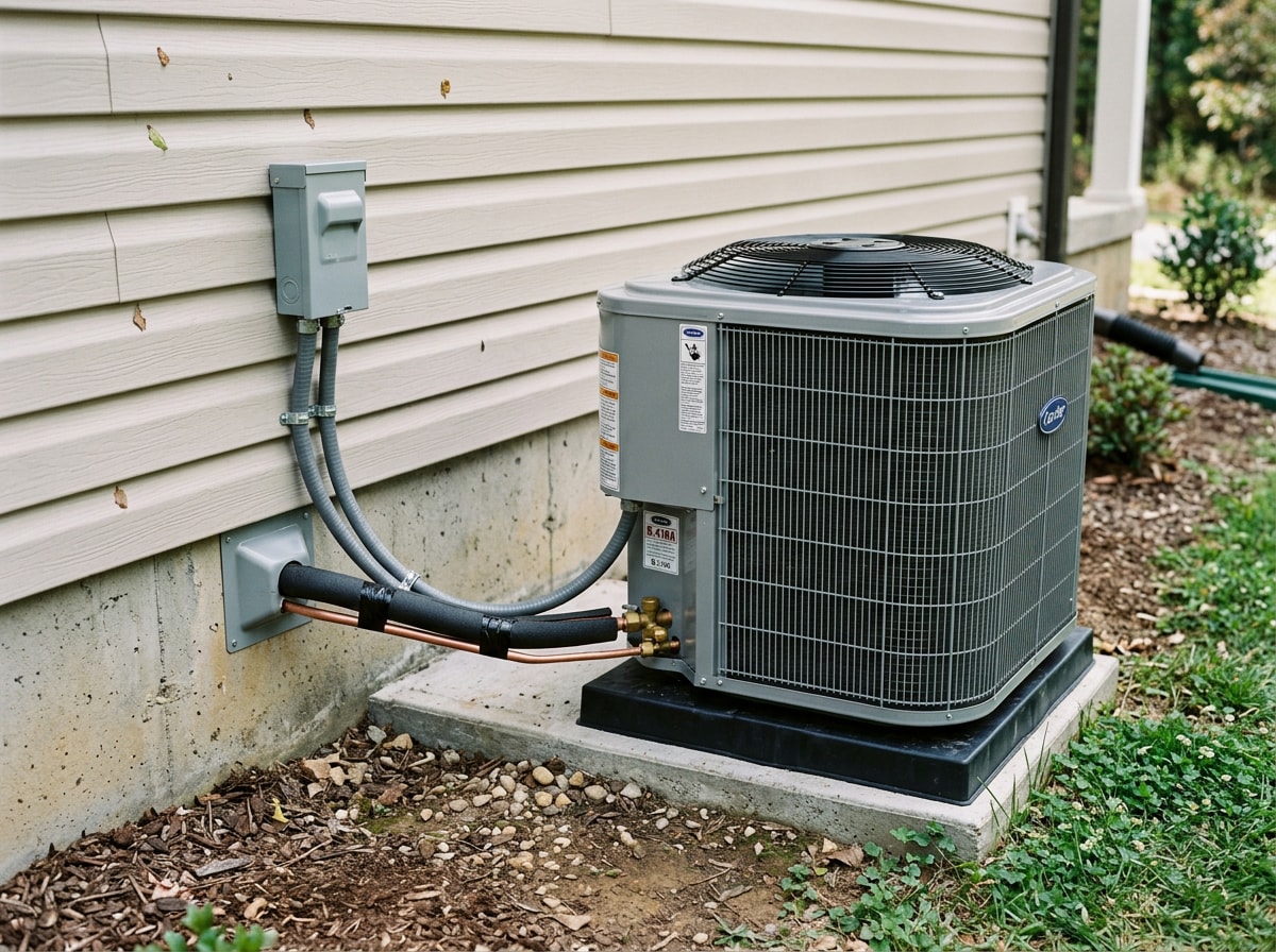 Newly installed outdoor condenser unit beside a Woodstock, GA home
