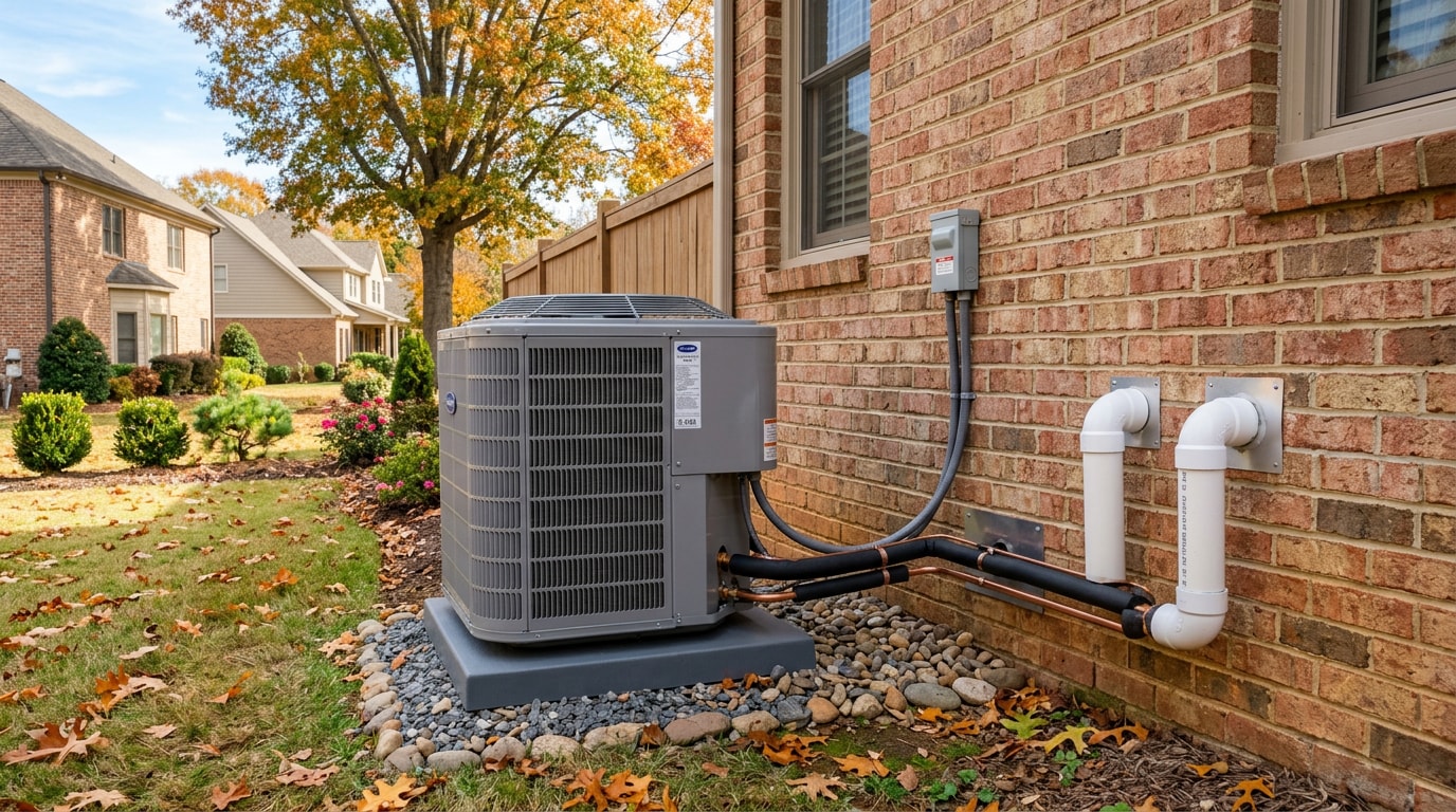 Central heating and cooling system installed outside a Woodstock, GA home