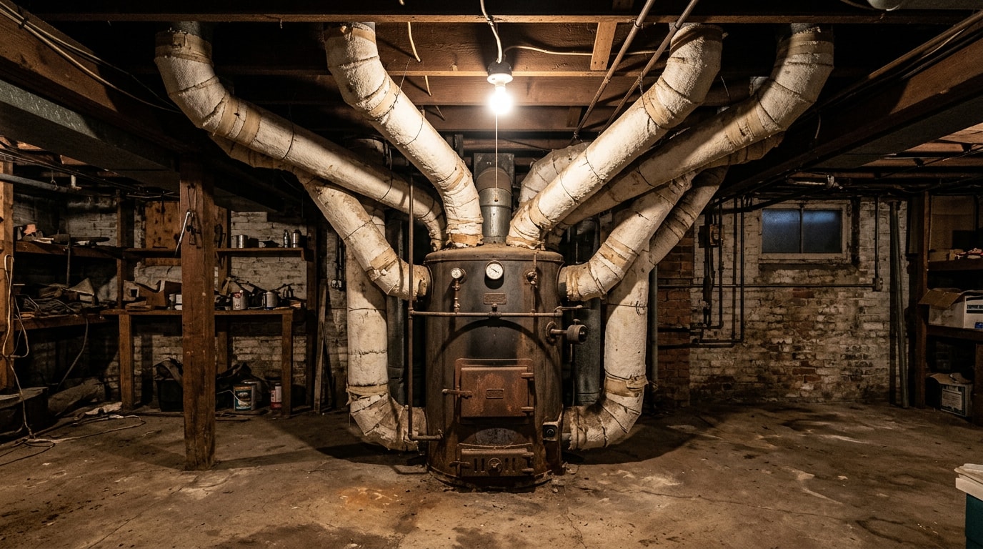 Vintage octopus-style gravity furnace with branching ductwork in a basement