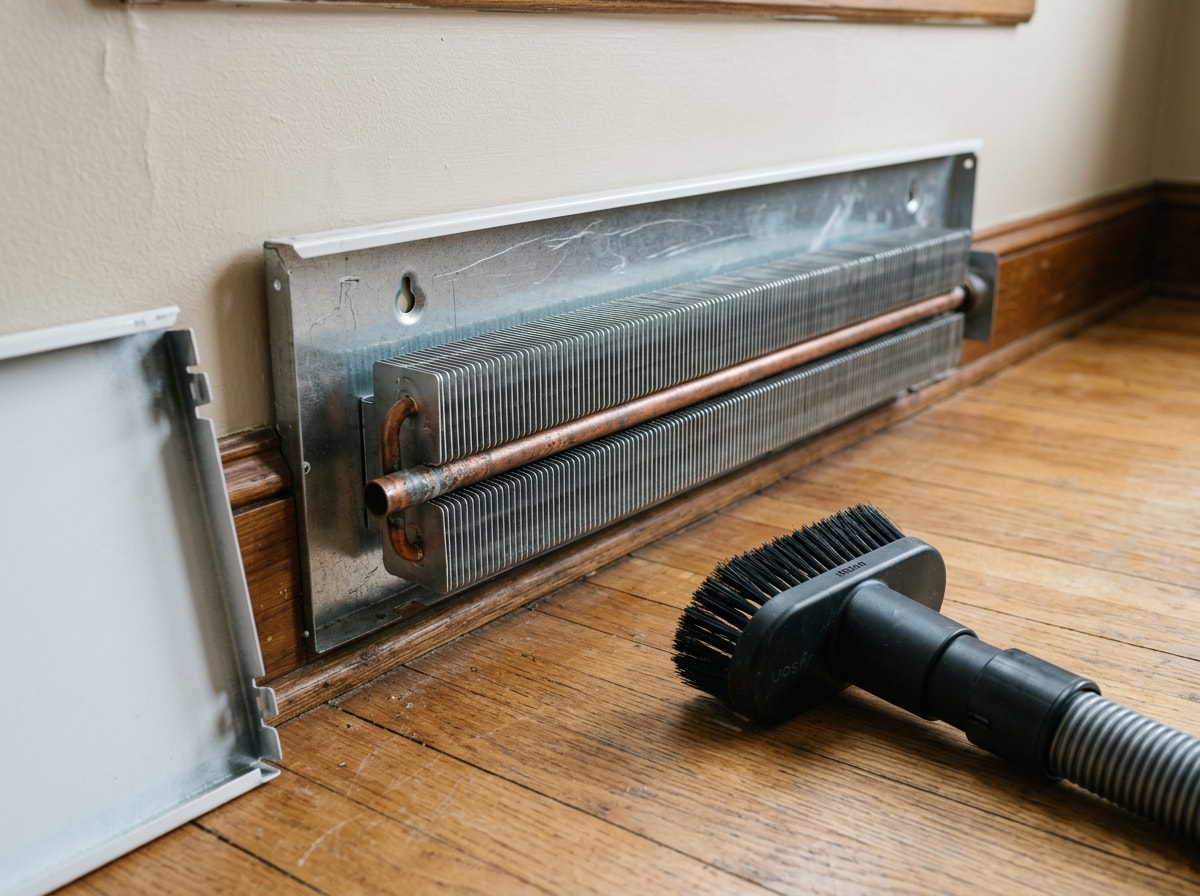 Close-up of a person removing a baseboard heater's front cover panel to clean the metal fins inside
