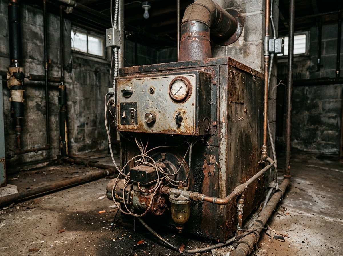 An aging oil furnace with visible rust and wear in a home mechanical room