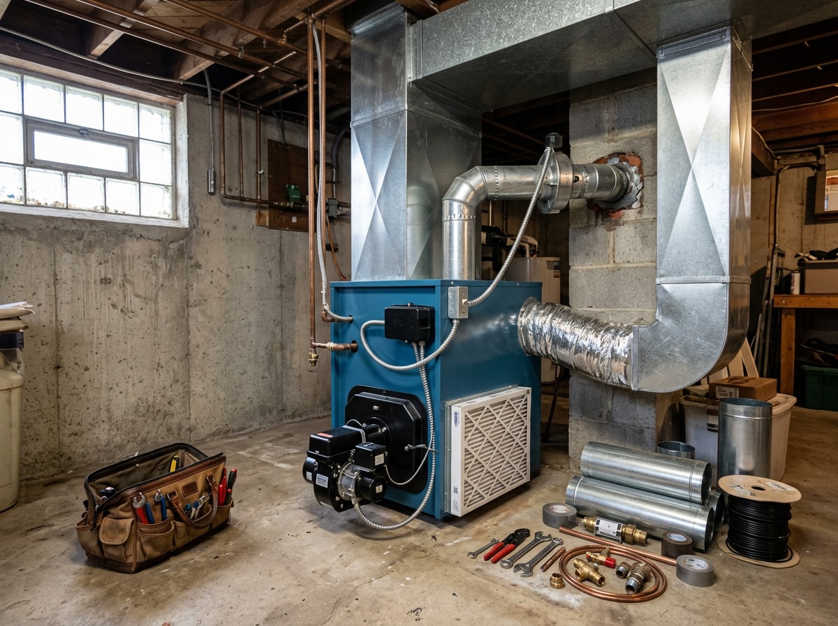 HVAC technician installing a new oil furnace unit in a home utility room