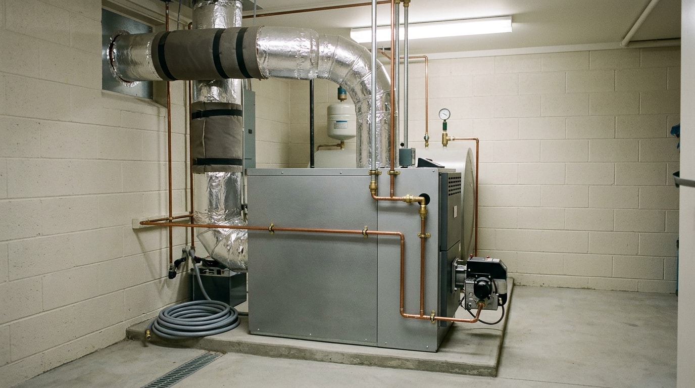 Newly installed oil furnace in a residential mechanical room in Alpharetta, GA