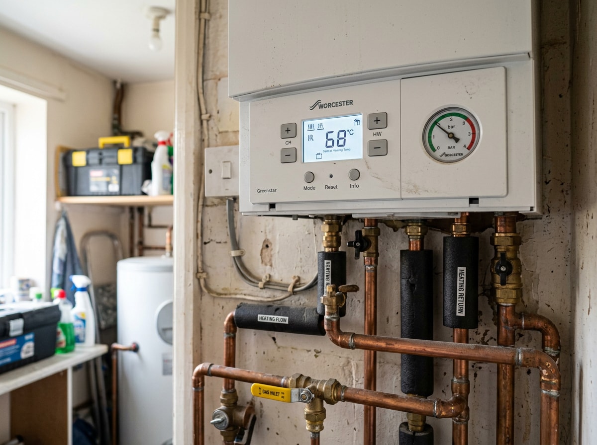 Close-up of a residential wall-mounted boiler with control panel, pressure gauge, and pipes in a utility closet