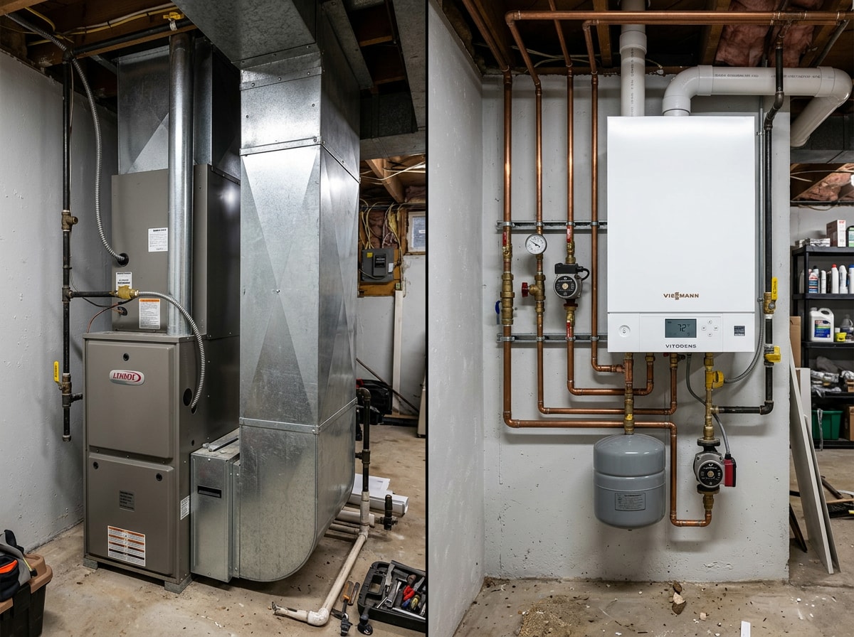 Side-by-side comparison of a tall furnace cabinet with ductwork next to a compact wall-mounted boiler
