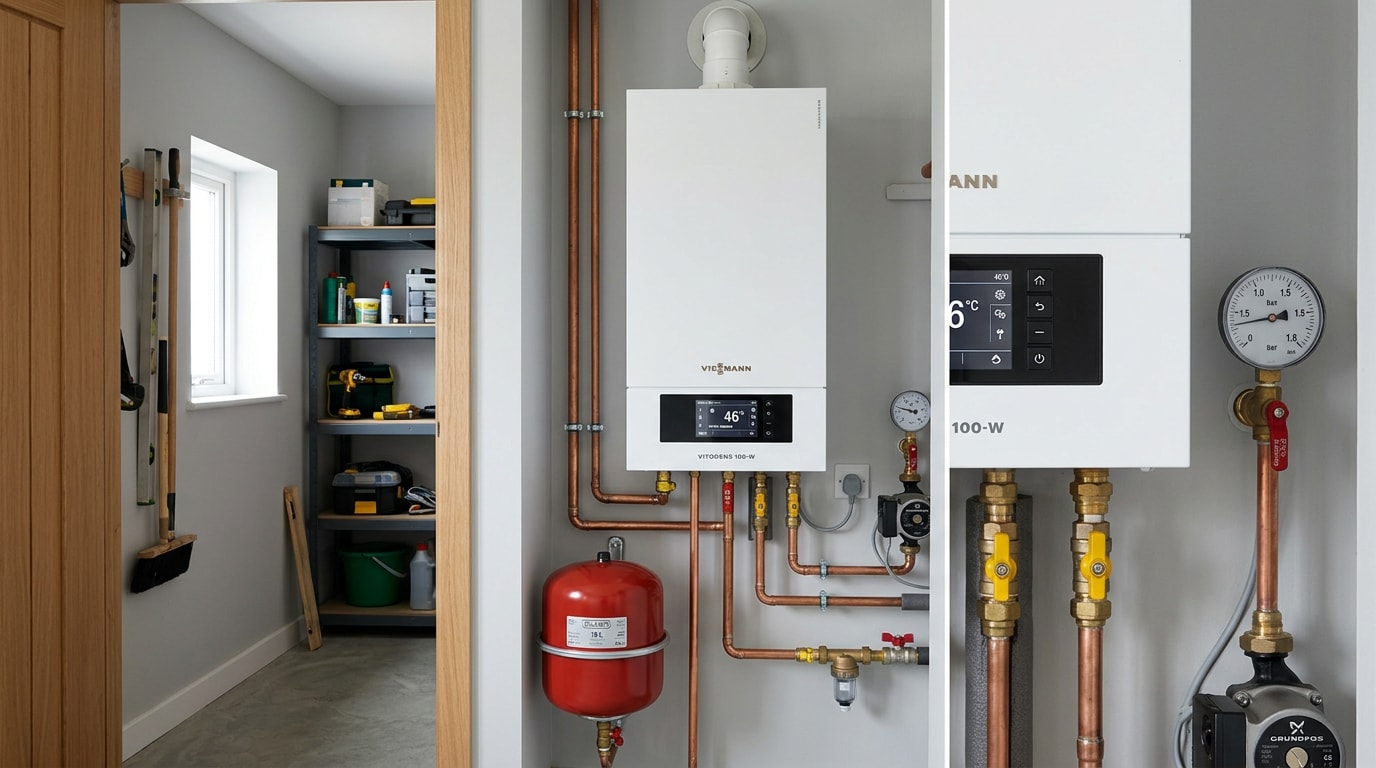 Modern residential boiler installed in a home utility closet Modern residential boiler installed in a home utility closet