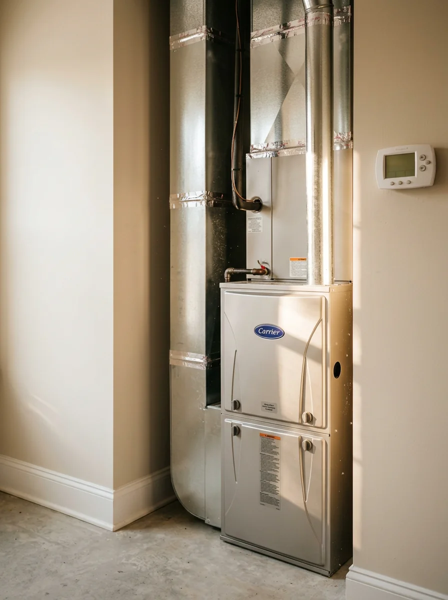 High-efficiency furnace installation in a Johns Creek residence with modern ductwork and thermostat
