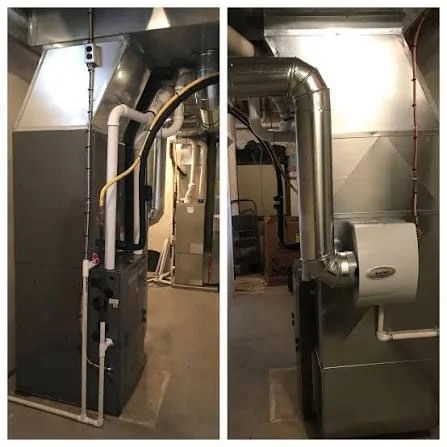 A whole-home humidifier unit mounted on the supply plenum of a residential HVAC system in an Alpharetta home. The humidistat control and water supply line are visible, showing a completed professional installation.